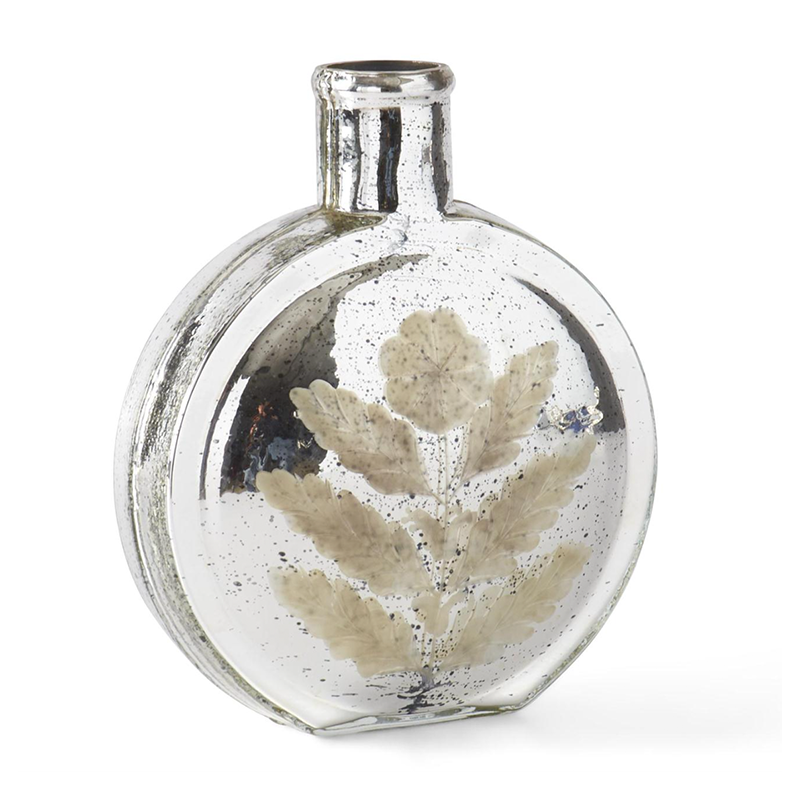 Set of 2 Silver Mercury Glass Etched Flat Rounded Vases