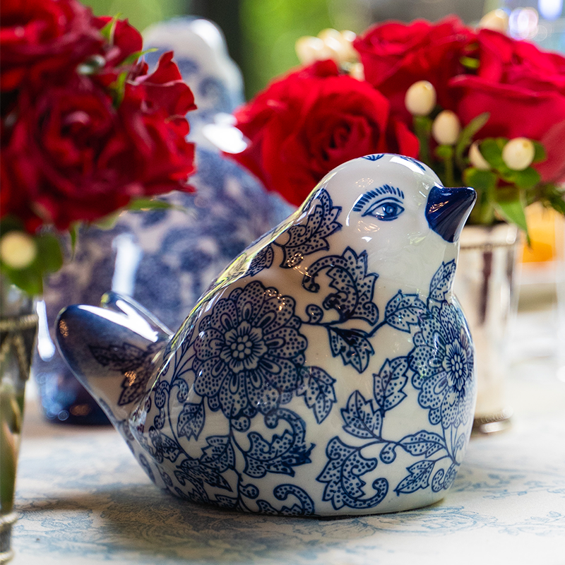 Set of 2 Blue and White Chinoiserie Porcelain Sitting Birds