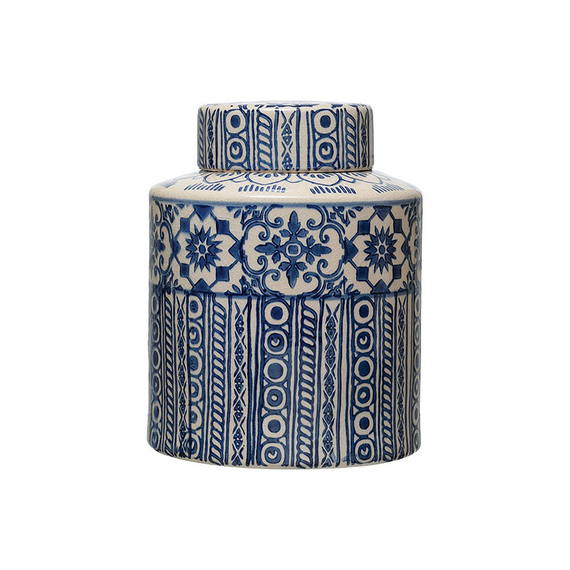 "10-1/4""H STONEWARE JAR PAINTED BLUE " - CREATIVE COOP - Compralo en CorinneRegalos.com
