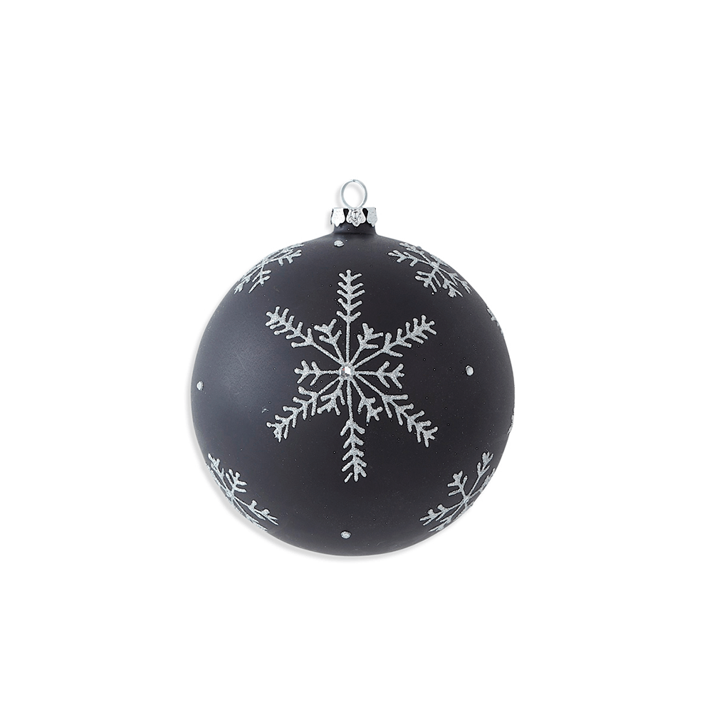 4 INCH ROUND MATTE BLACK GLASS ORNAMENT W/SILVER SNOWFLAKE - Disponible en Corinne Regalos