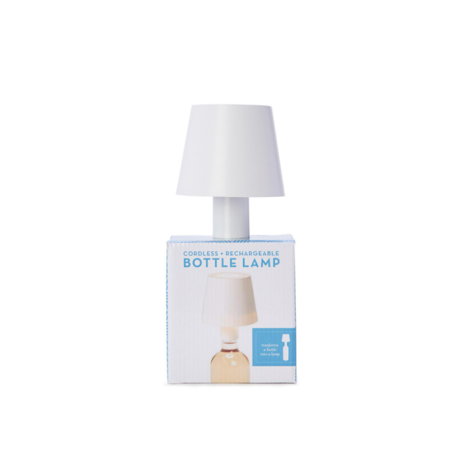 LED PORTABLE CORDLESS WHITE LAMPSHADE BOTTLE LAMP WITH STOPPER ATTACHMENT IN GIFT BOX - TWO'S COMPANY - Compralo en CorinneRegalos.com