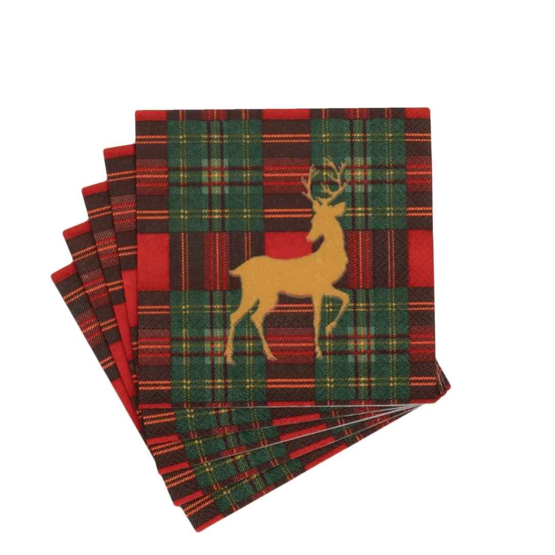 REINDEER TARTAN RED COCKTAIL NAPKINS - CASPARI - Compralo en CorinneRegalos.com