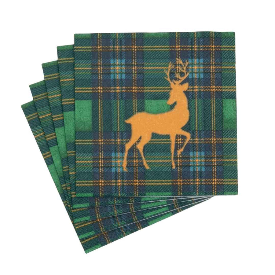 REINDEER TARTAN GREEN COCKTAIL NAPKINS - CASPARI - Compralo en CorinneRegalos.com