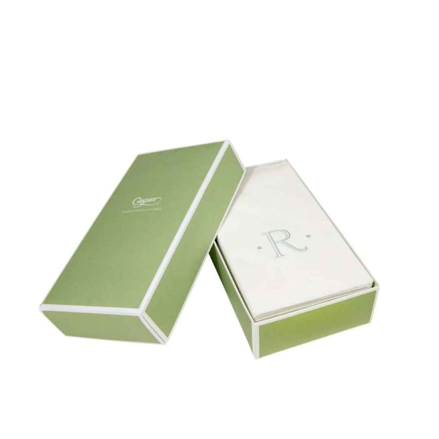 CASPARI ANTIQUE INITIAL R ROBIN'S EGG PAPER LINEN BOXED GUEST TOWEL 24-IN - CASPARI - Compralo en CorinneRegalos.com