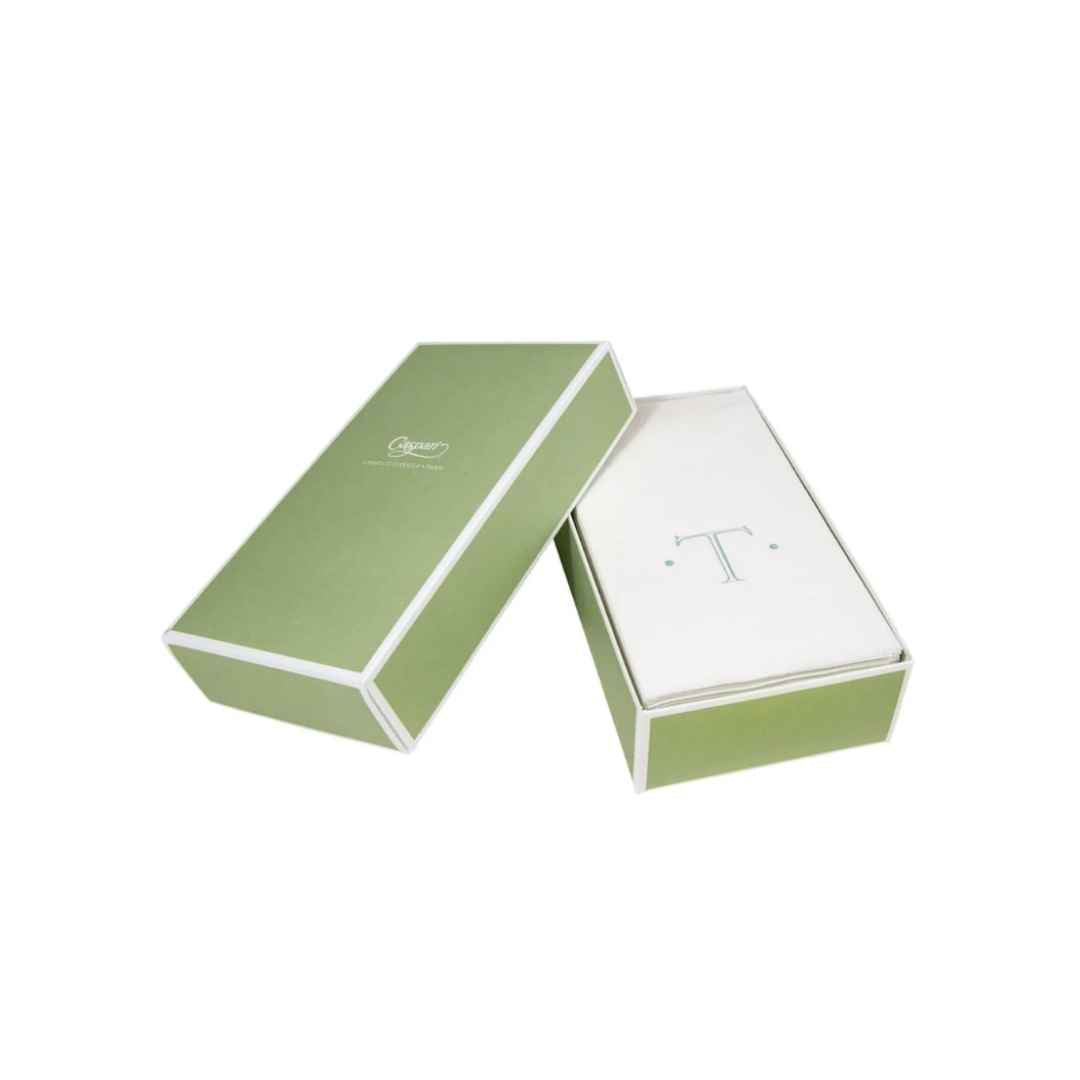 CASPARI ANTIQUE INITIAL T ROBIN'S EGG PAPER LINEN BOXED GUEST TOWEL 24-IN - CASPARI - Compralo en CorinneRegalos.com