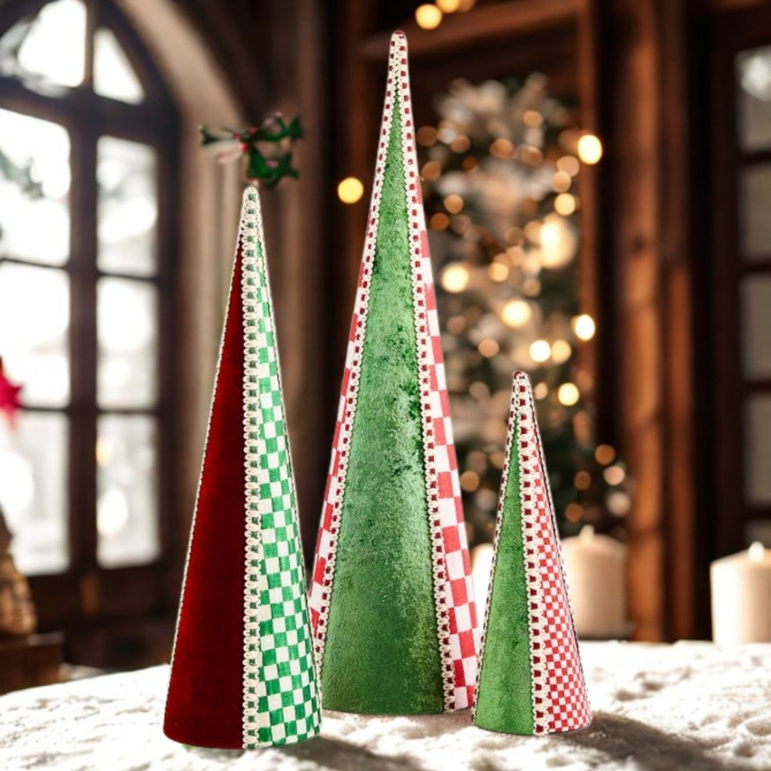 CHECK IT OUT FABRIC CONE TREES, SET OF 3
