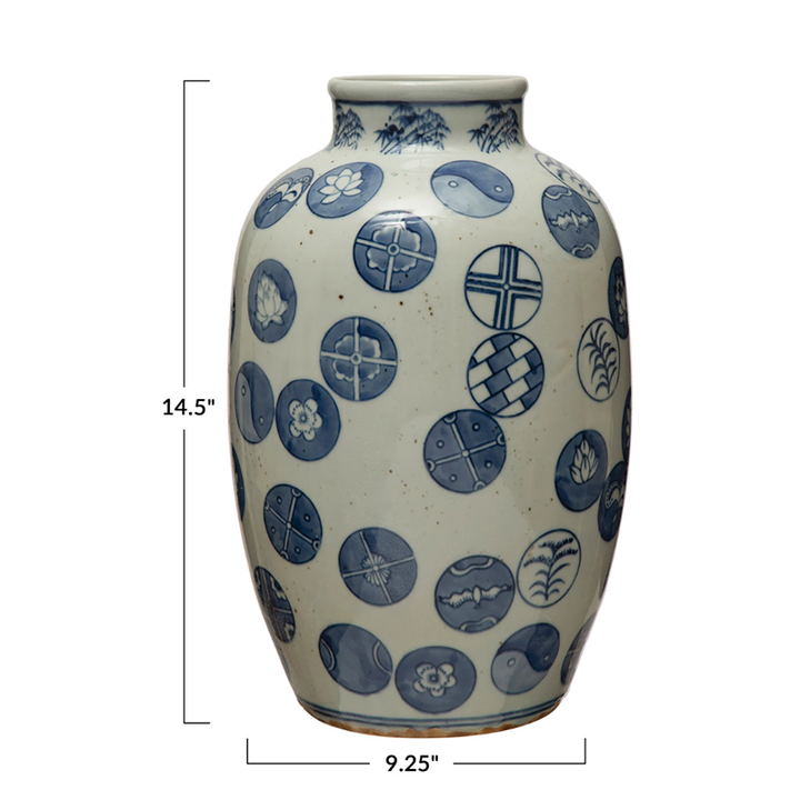 9-1/4 ROUND X 14-1/2H DECORATIVE STONEWARE VASE