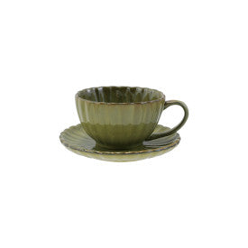 "S/2 6""Rdx3""H Stoneware Pleated Mug w Saucer Sage Green, EOWV" - CREATIVE COOP - Compralo en CorinneRegalos.com