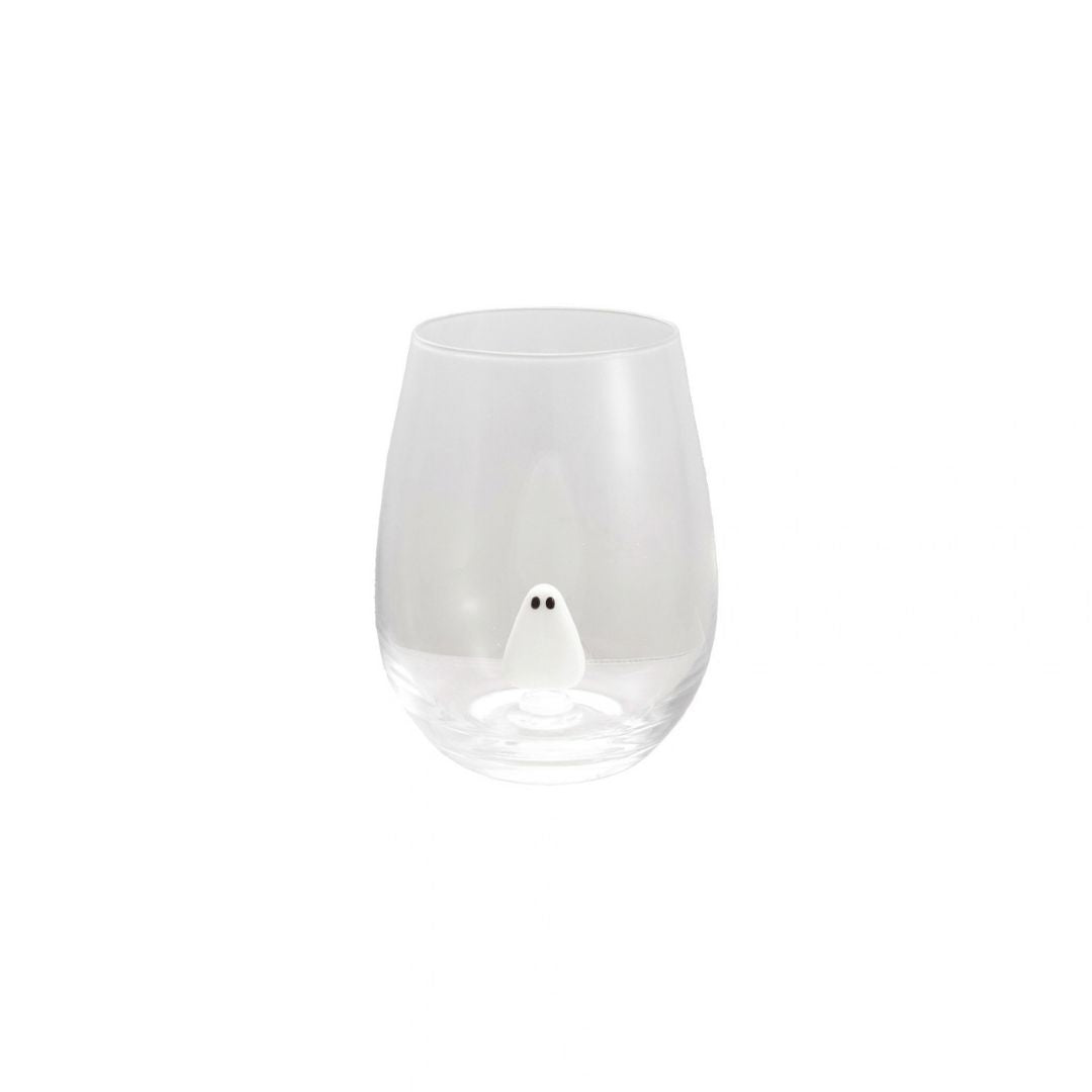 STEMLESS WINE GLASS W HAND-BLOWN GHOSTINSIDE, WHITE & BLACK - CREATIVE COOP - Compralo en CorinneRegalos.com