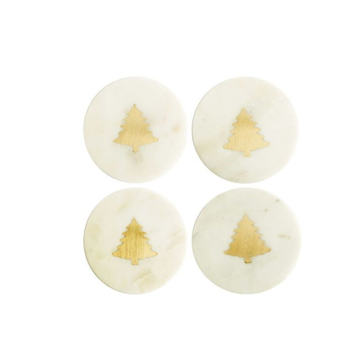 S/4 4"R MARBLE COASTERS W BRASS TREE INLAY,WHITE & BRASS - CREATIVE COOP - Compralo en CorinneRegalos.com