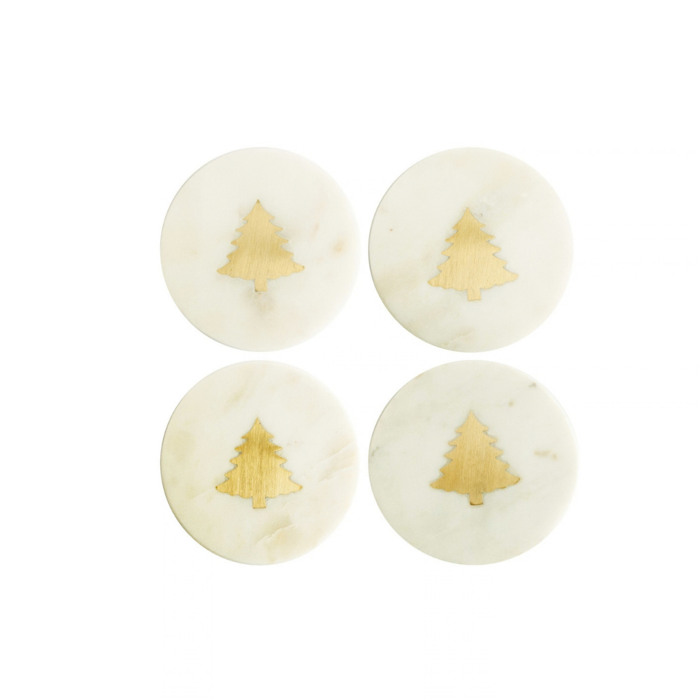 S/4 4"R MARBLE COASTERS W BRASS TREE INLAY,WHITE & BRASS - CREATIVE COOP - Compralo en CorinneRegalos.com