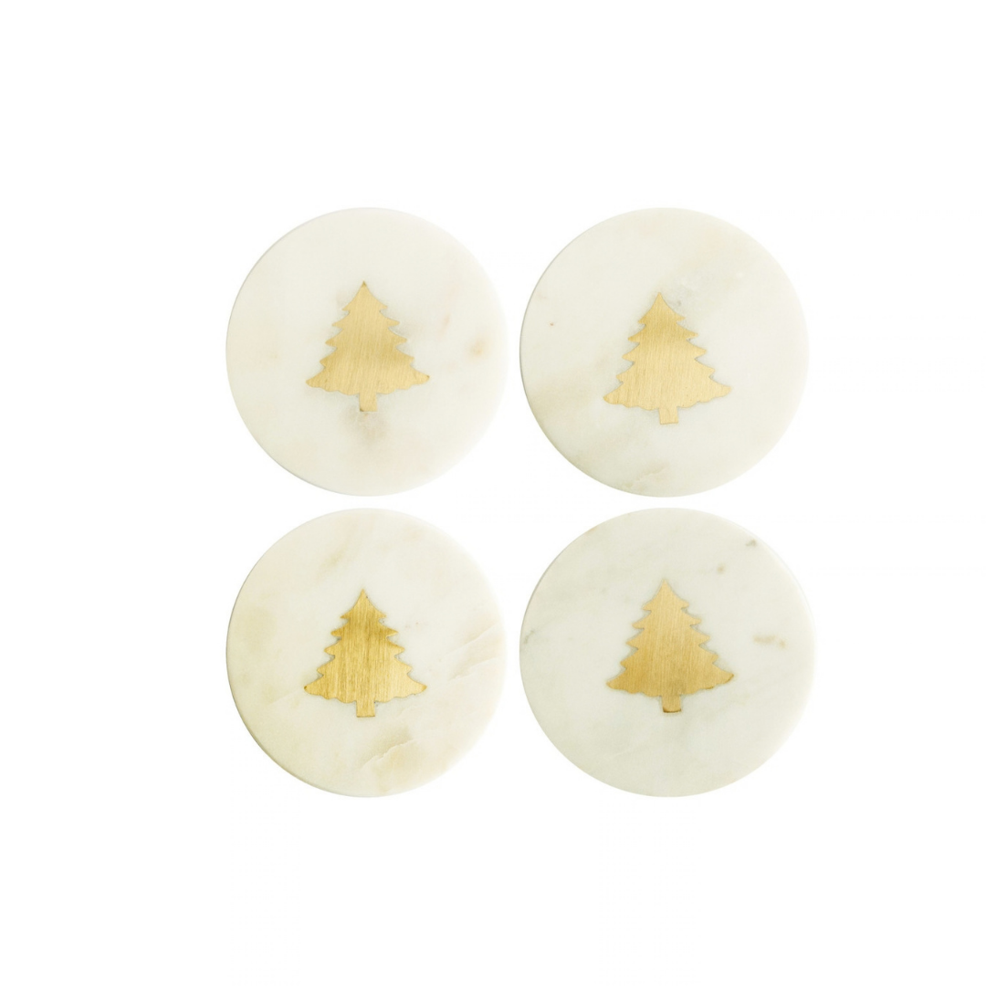 S/4 4"R MARBLE COASTERS W BRASS TREE INLAY,WHITE & BRASS - CREATIVE COOP - Compralo en CorinneRegalos.com