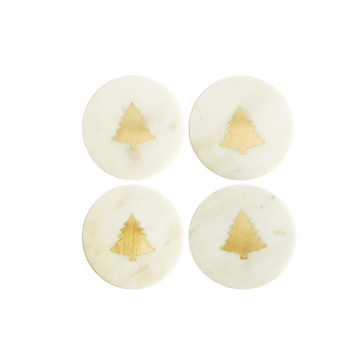 S/4 4"R MARBLE COASTERS W BRASS TREE INLAY,WHITE & BRASS - CREATIVE COOP - Compralo en CorinneRegalos.com