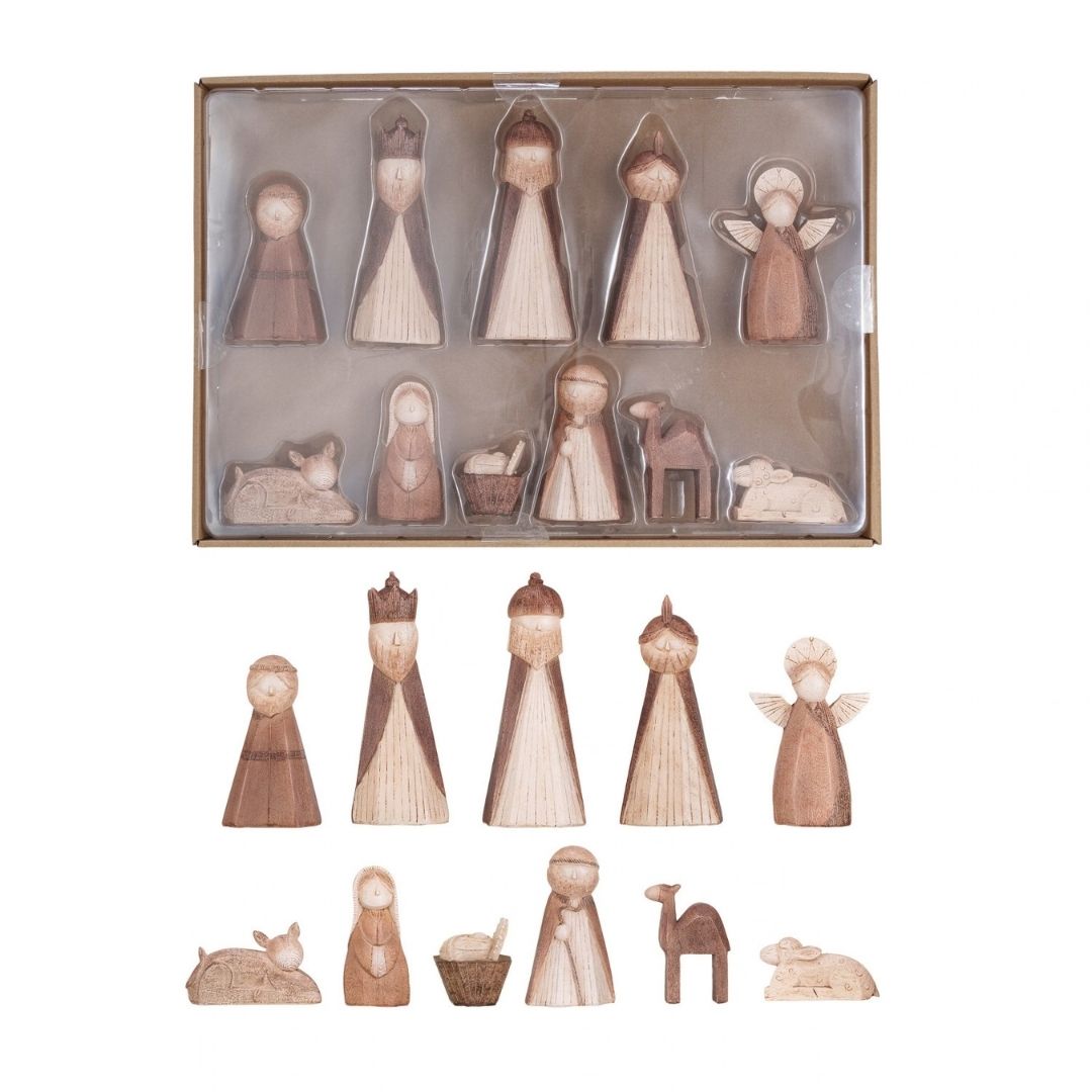 S/11 15-3/4"L X 2"H RESINNATIVITY, WOOD FINISH, BOXED - CREATIVE COOP - Compralo en CorinneRegalos.com