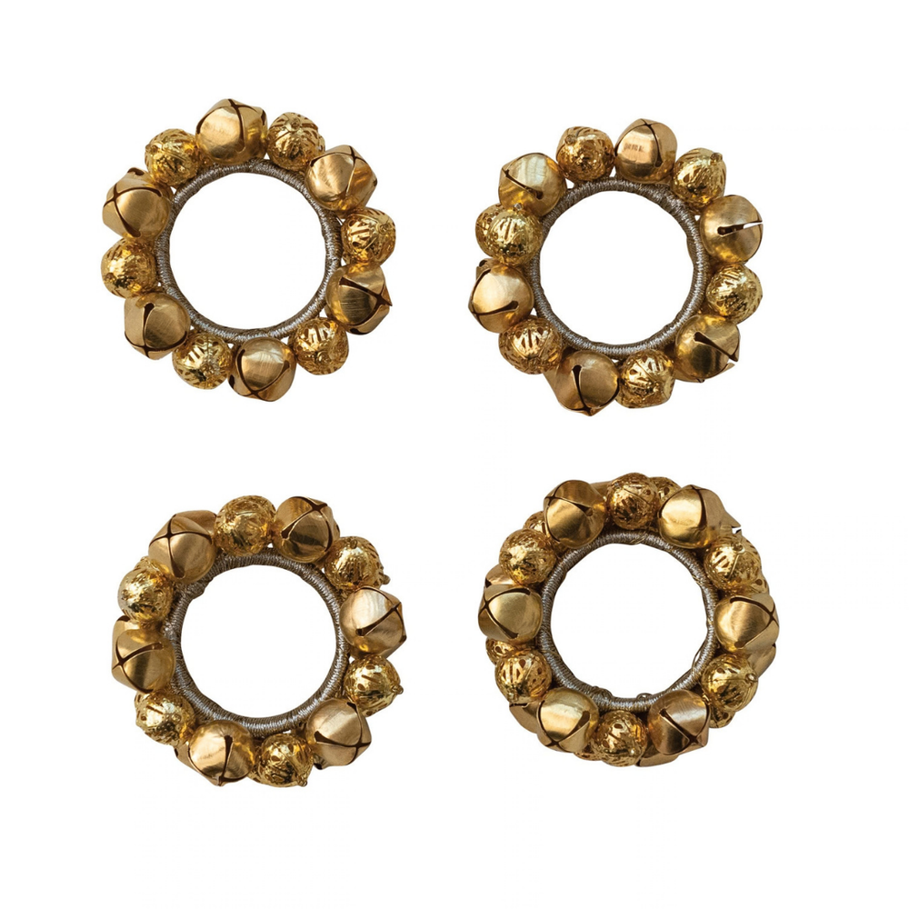 S/4 HANDMADE METAL JINGLE BELLNAPKIN RINGS, GOLD FINISH - CREATIVE COOP - Compralo en CorinneRegalos.com