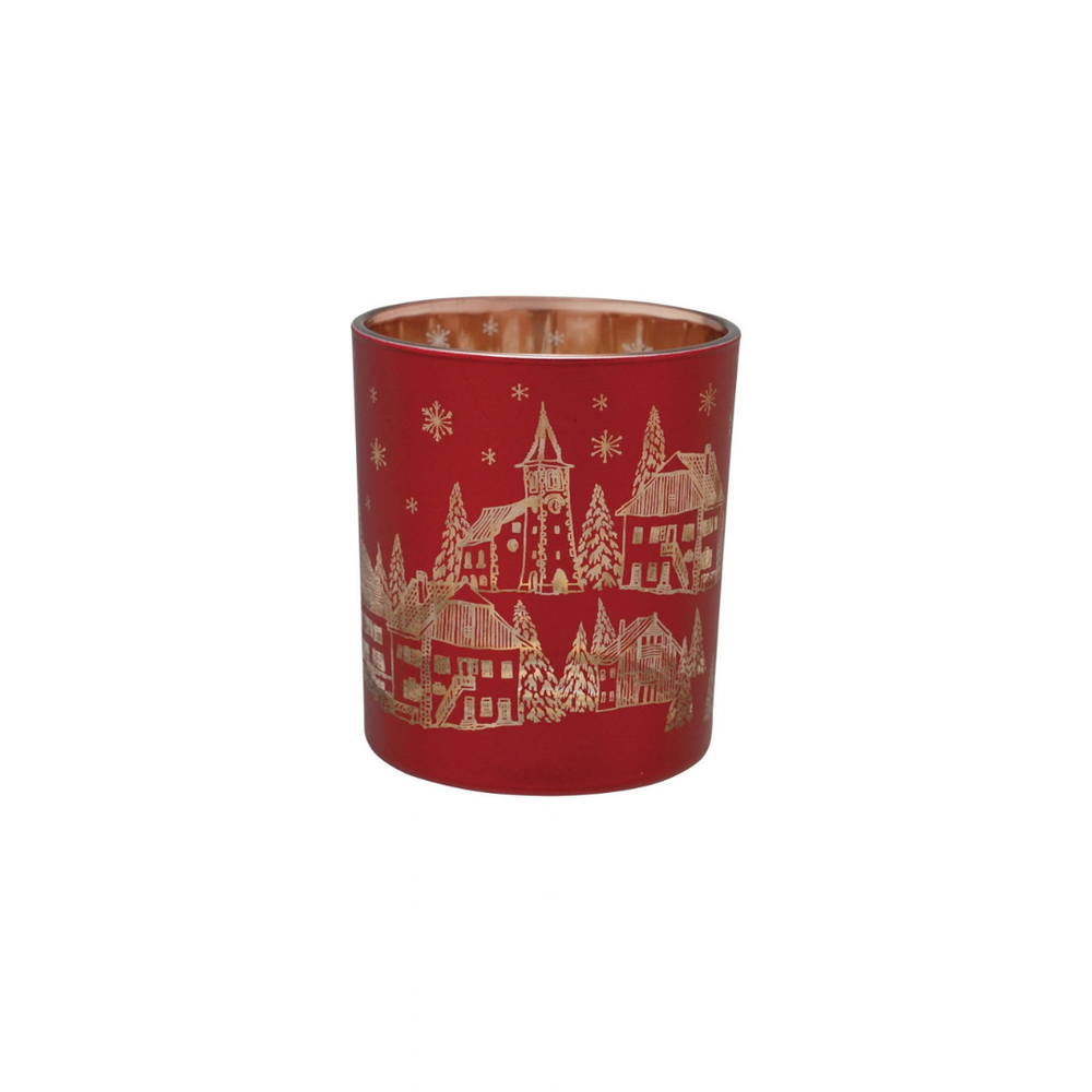 GLASS TEALIGHT/VOTIVE HOLDER W LASERETCHED TREES,RED & GOLD - CREATIVE COOP - Compralo en CorinneRegalos.com