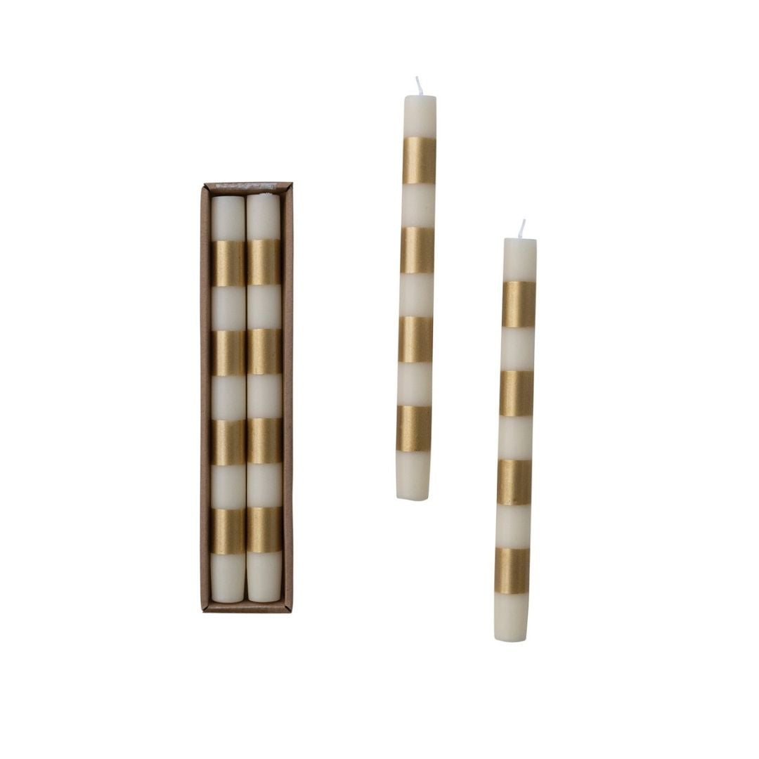 S/2 UNSCENTED TAPER CANDLES W STRIPES IN BOX, CREAM & GOLD - CREATIVE COOP - Compralo en CorinneRegalos.com