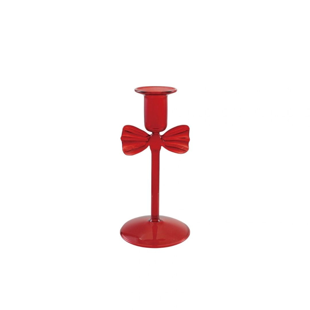 GLASS TAPER HOLDER W BOW, RED - CREATIVE COOP - Compralo en CorinneRegalos.com