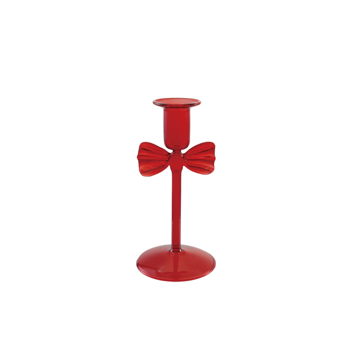 GLASS TAPER HOLDER W BOW, RED - CREATIVE COOP - Compralo en CorinneRegalos.com