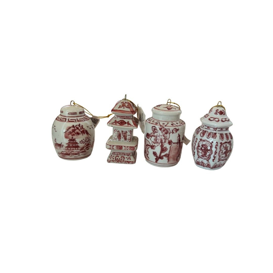 STONEWARE GINGER JAR ORNAMENT, BURGUNDY COLOR & WHITE, 6 STYLES - CREATIVE COOP - Compralo en CorinneRegalos.com