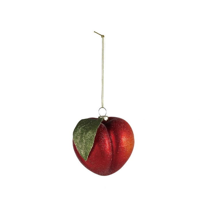 GLASS PEACH ORNAMENT W GLITTERORANGE COLOR & GREEN - CREATIVE COOP - Compralo en CorinneRegalos.com