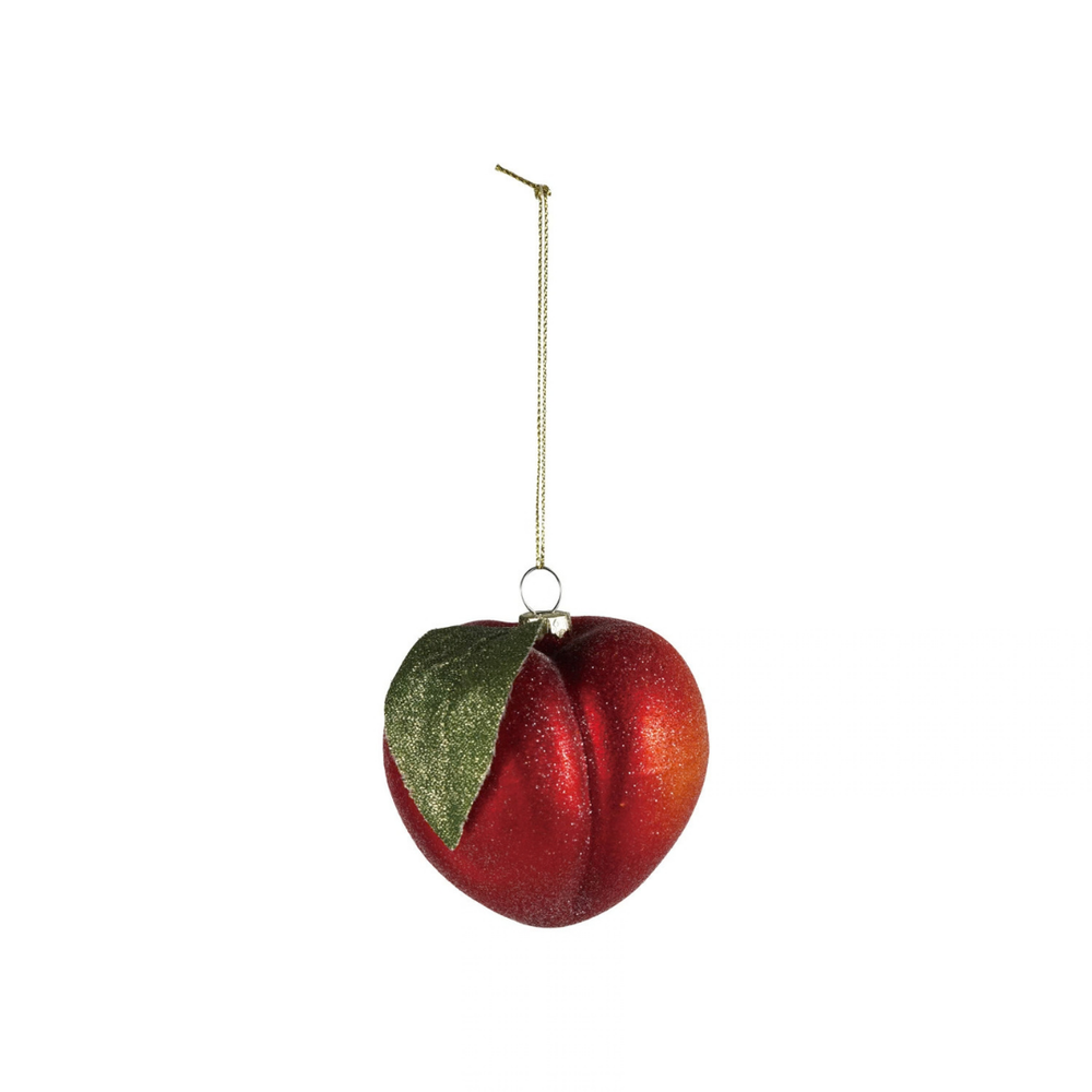 GLASS PEACH ORNAMENT W GLITTERORANGE COLOR & GREEN - CREATIVE COOP - Compralo en CorinneRegalos.com