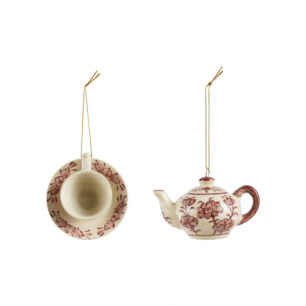 STONEWARE TEAPOT/TEACUP ORNAMENTW BOTANICAL PATTERN, 2 STYLE - CREATIVE COOP - Compralo en CorinneRegalos.com