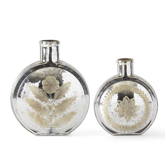Set of 2 Silver Mercury Glass Etched Flat Rounded Vases