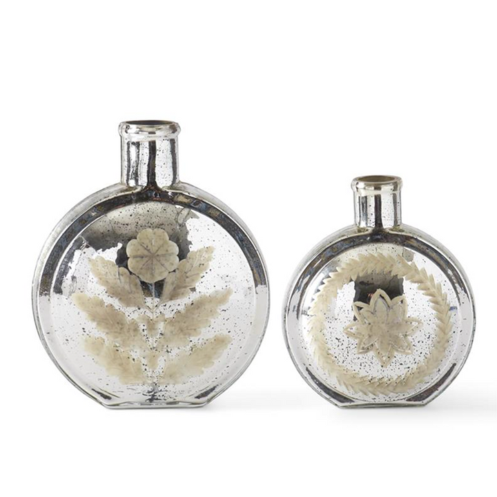 SET OF 2 SILVER MERCURY GLASS ETCHED FLAT ROUNDED VASES