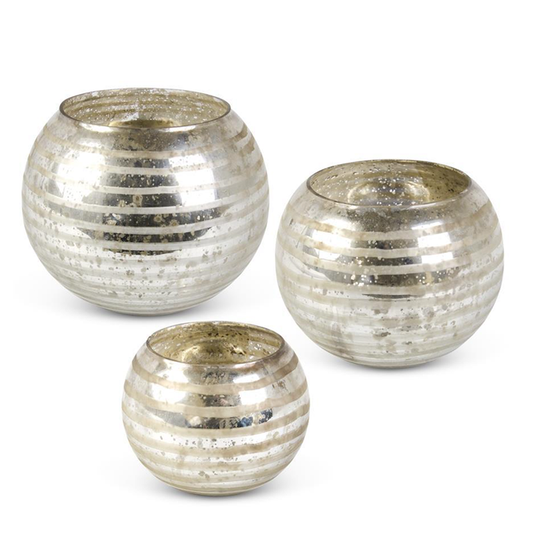 Set of 3 Mercury Glass Round Vases w/Etched Stripes