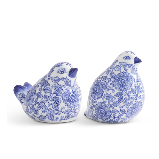 Set of 2 Blue and White Chinoiserie Porcelain Sitting Birds