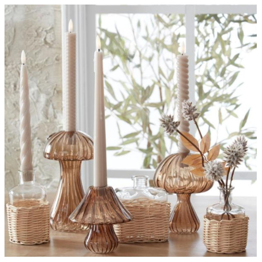 [2/12] | SET OF 3 BROWN GLASS MUSHROOM BUD VASE/CANDLEHOLDER