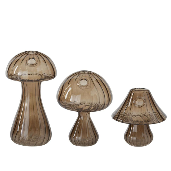 [2/12] | SET OF 3 BROWN GLASS MUSHROOM BUD VASE/CANDLEHOLDER
