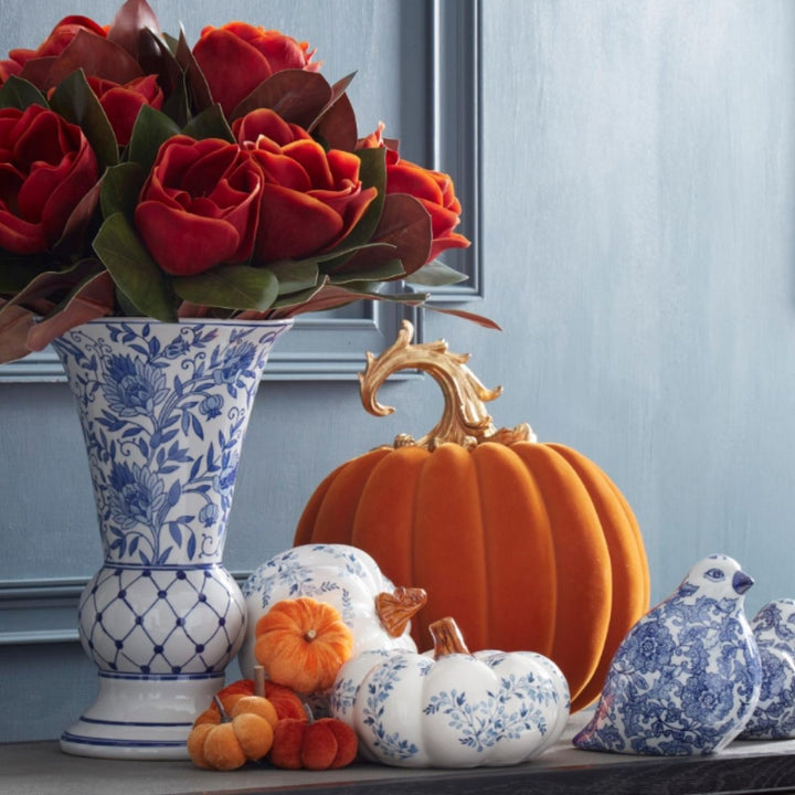 [2/8] | SET OF 2 WHITE W/BLUE FLORAL CERAMIC PUMPKINS