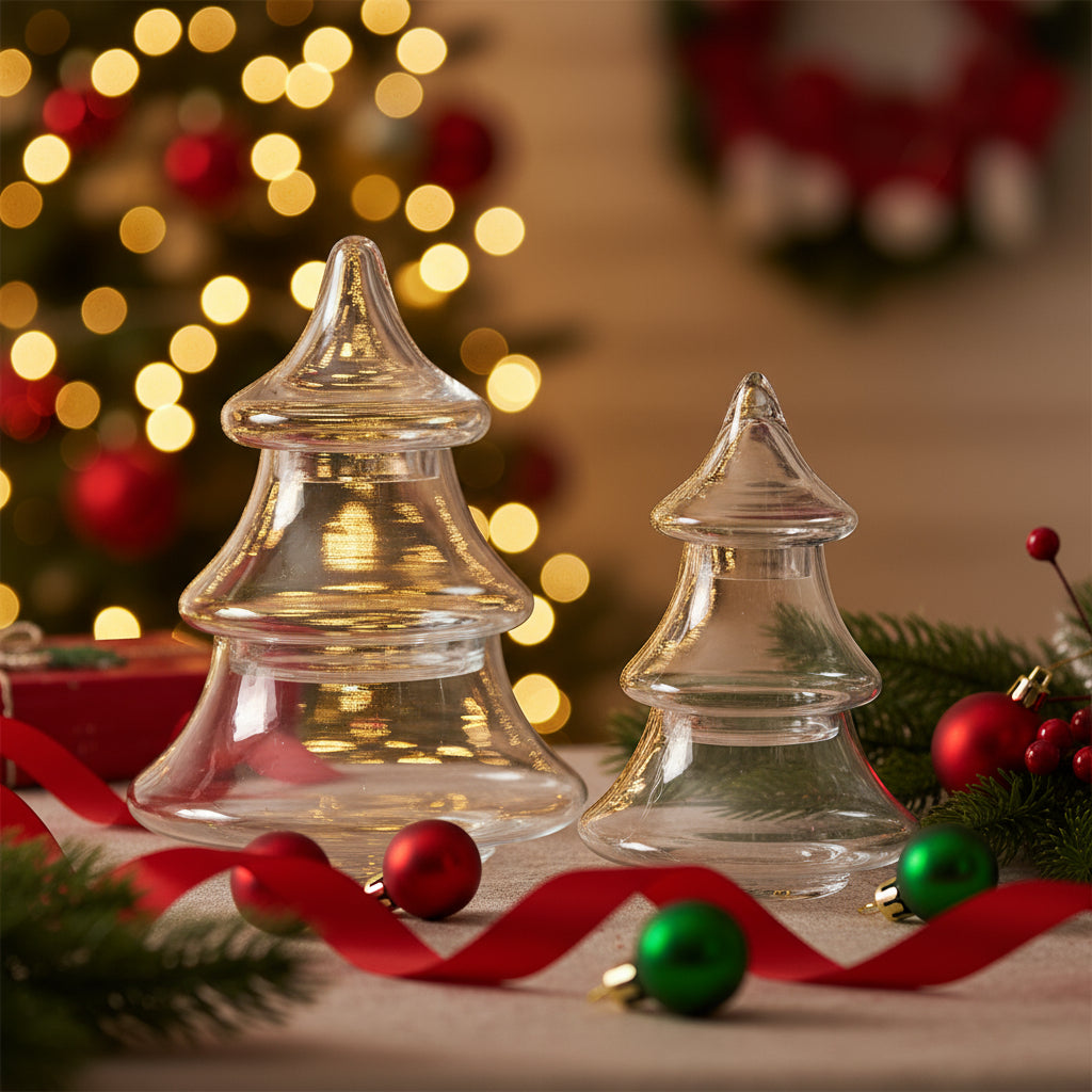 [2/4] | SET OF 2 3 TIER CLEAR GLASS CHRISTMAS TREE CONTA