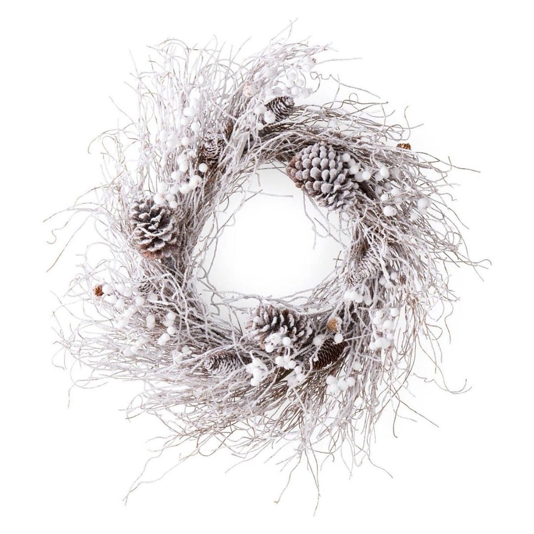 [2/6] | 30 INCH SNOWY TWIG WREATH W/SNOWY PINECONES AND WHIT