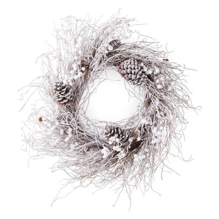 [2/6] | 30 INCH SNOWY TWIG WREATH W/SNOWY PINECONES AND WHIT