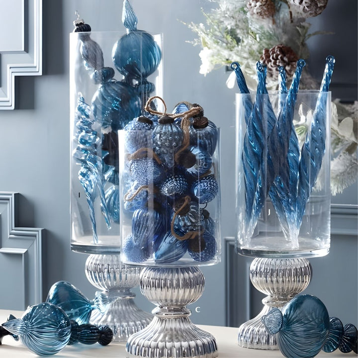 [12/96] | 12 INCH BLUE & WHITE GLITTERED GLASS ICICLE ORNAME
