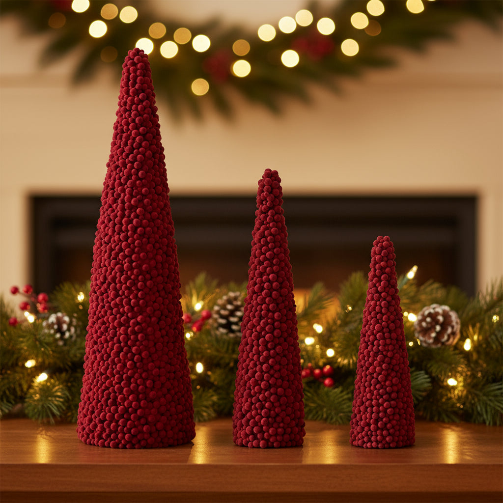 [2/4] | SET OF 3 BURGUNDY MULTI SIZE POM POM BALL CONE TREES