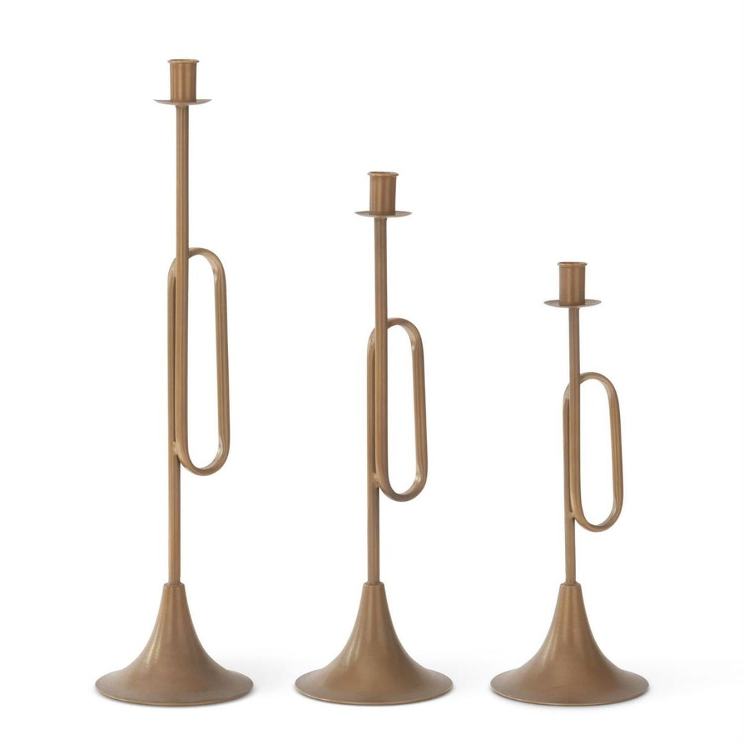 [2/6] | SET OF 3 GOLD TRUMPET TAPER CANDLEHOLDERS - K&K INTERIORS - Compralo en CorinneRegalos.com