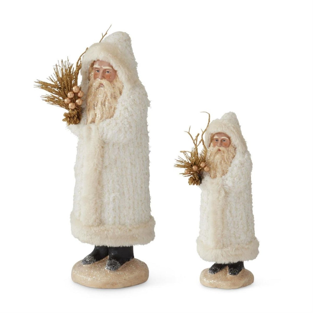 [2/6] | SET OF 2 SANTAS W/WHITE FLEECE COAT HOLDING GOLD BRA