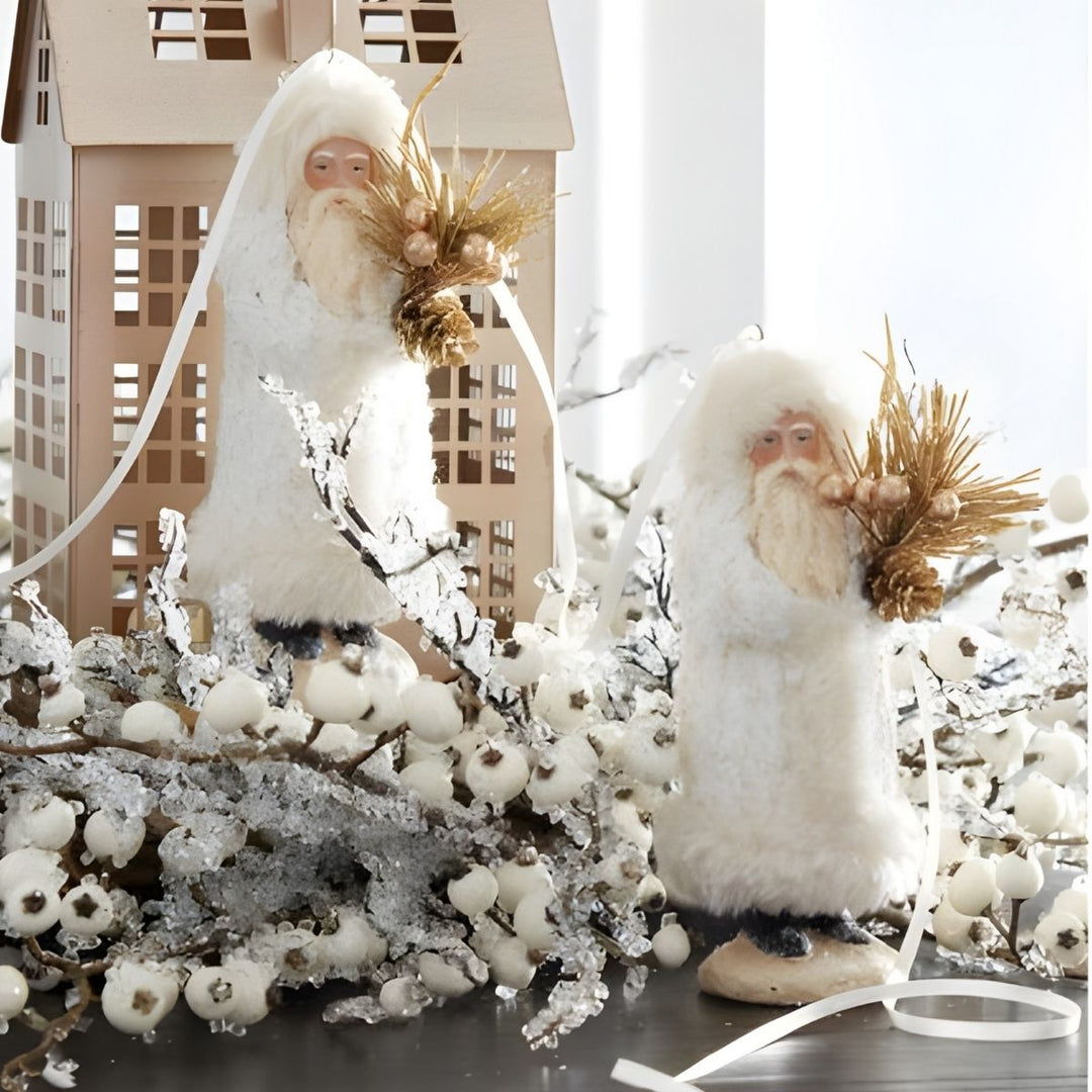 [2/6] | SET OF 2 SANTAS W/WHITE FLEECE COAT HOLDING GOLD BRA