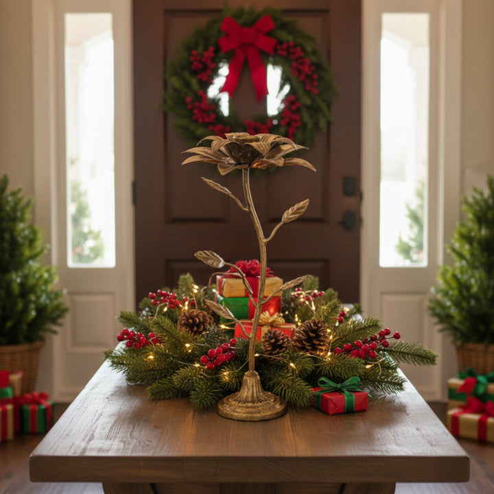 METAL FLOWER CANDLEHOLDER GOLD H32CM