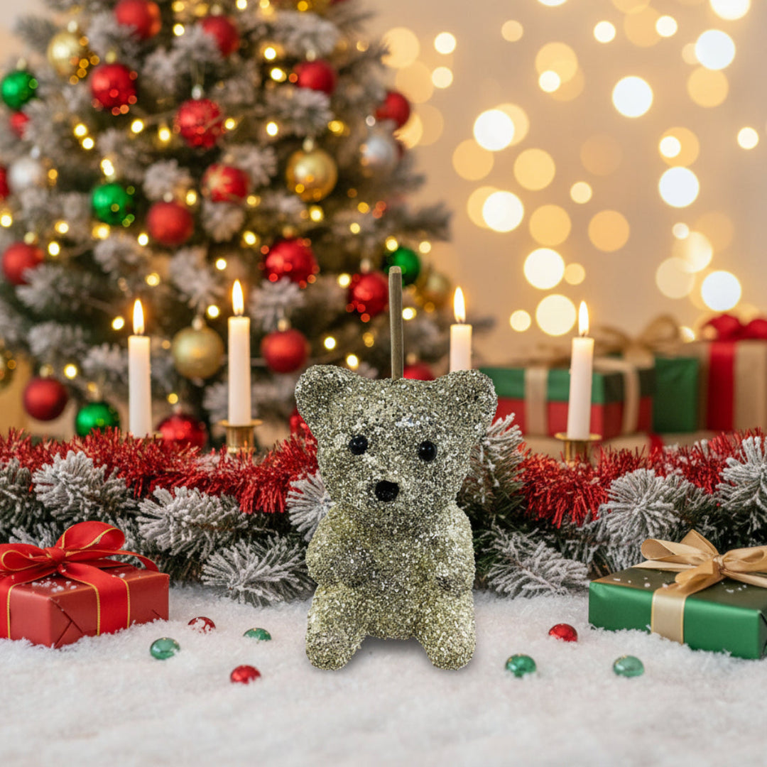 GLASS GLITTER SITTING BEAR SILVER 17CM