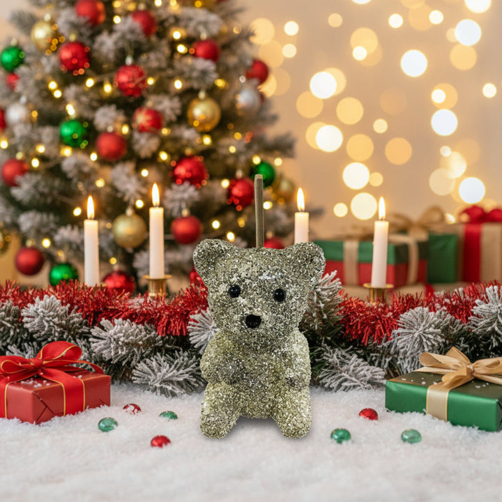 GLASS GLITTER SITTING BEAR SILVER 17CM