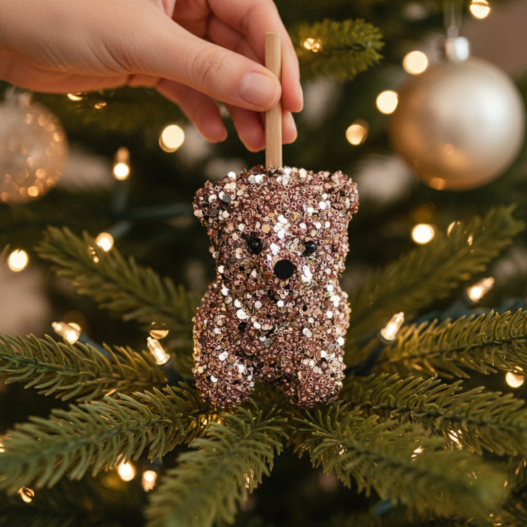 GLITTER-BEAD SITTING BEAR PINK CHAMPAGNE 10CM