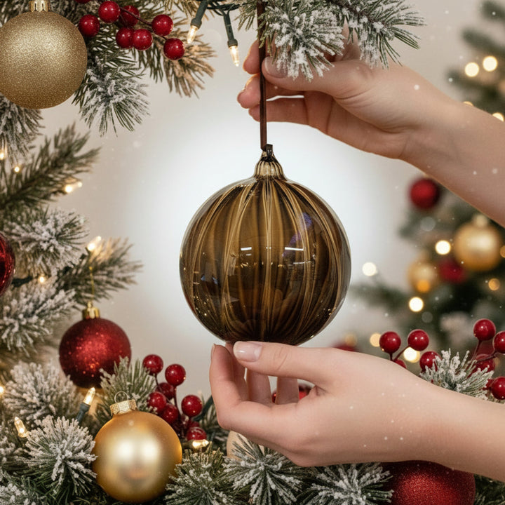 GLASS BALL LINED TRANPARENT BROWN 8CM