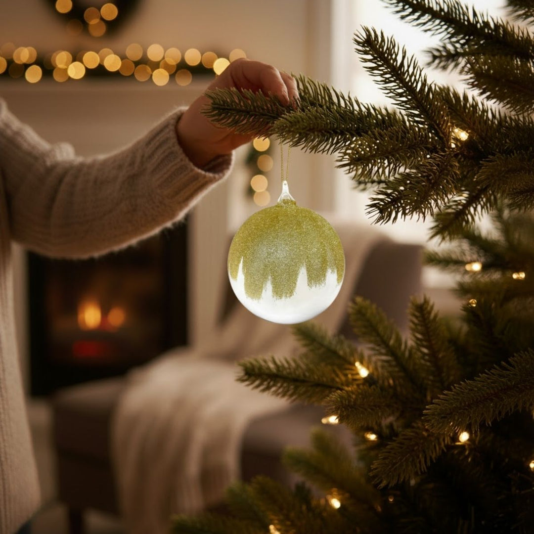 GLASS BALL CLEAR GOLD GLITTER TOP 12CM