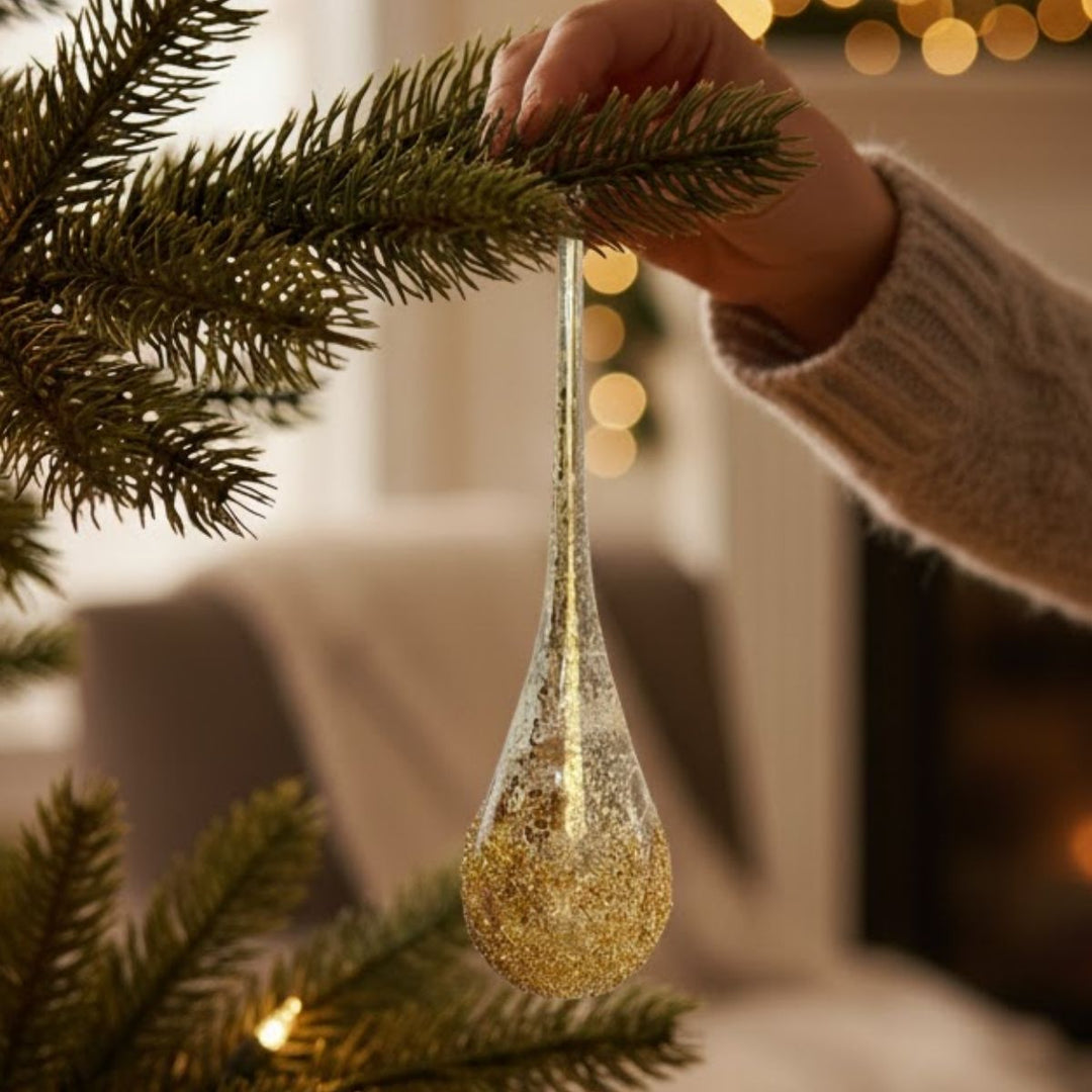 GLASS DROP ANTIQUE GOLD GLITTERED BOTTOM 49CM