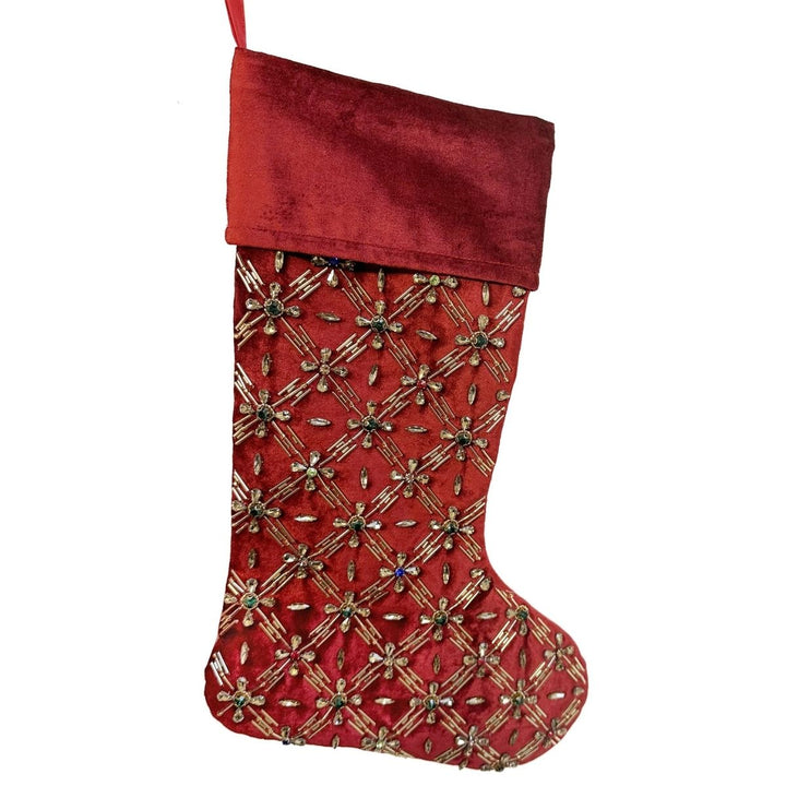 VELVET SOCK RED WITH MULT COLOR BEAD DECO 50CM - SHISHI - Compralo en CorinneRegalos.com